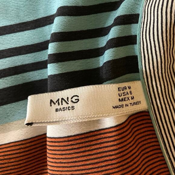Mango MNG Multicolor Mixed Striped Button Down Tie Belt Midi Shirt Dress Sz 6 - Picture 4 of 5